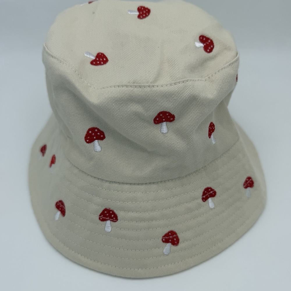 Mushroom Bucket Hat Beige Red Embroidered Cottagecore Festival Unisex One Size